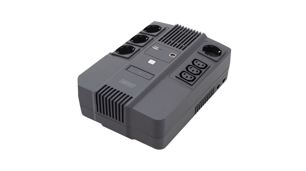 UPS Digitus DN-170110, 600 VA, 360 W, line-interactive, 4x Schuko, 3x C13, 1x RJ45, 1x USB, 12V 7Ah LED, Brick, Negru 