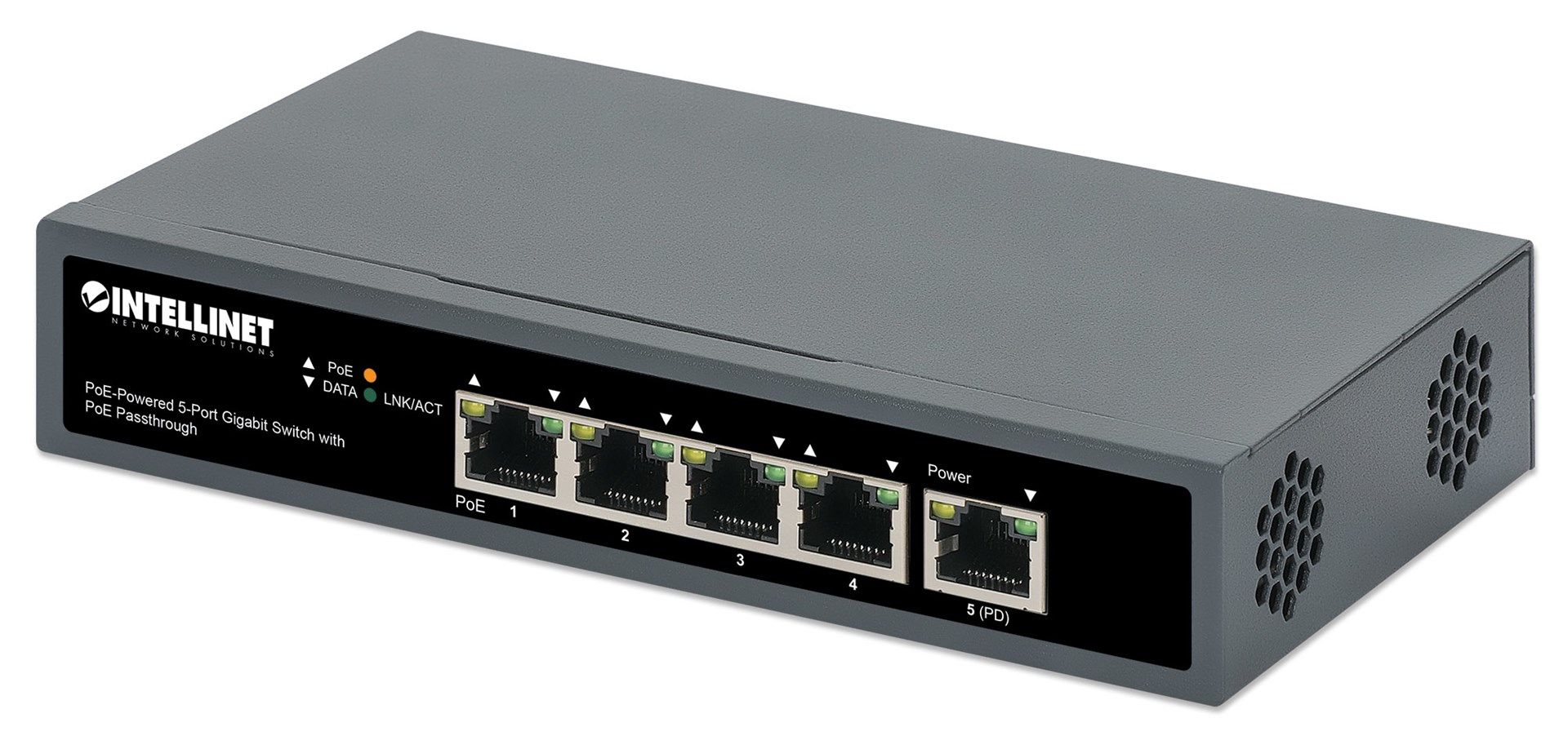 Intellinet 5-Port Gigabit Switch with PoE Passthrough  One IEEE 802.3bt (PoE++ / 4PPoE) PD PoE Port with 95 W Power Input  Four PSE PoE ports  PoE Power Budget up to 65 W  IEEE 802.3at/af Compliant Output  Desktop  Wall-mount Option