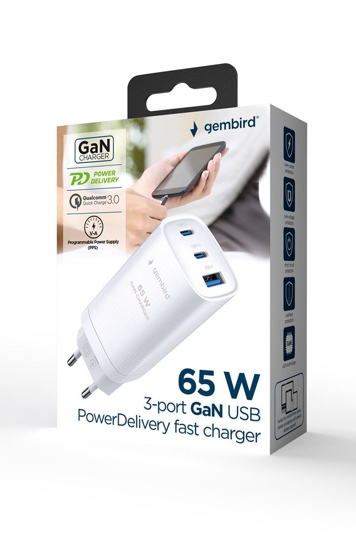 Gembird TA-UC-PDQC65-01-W 3-port 65 W GaN USB PowerDelivery fast charger  white_5