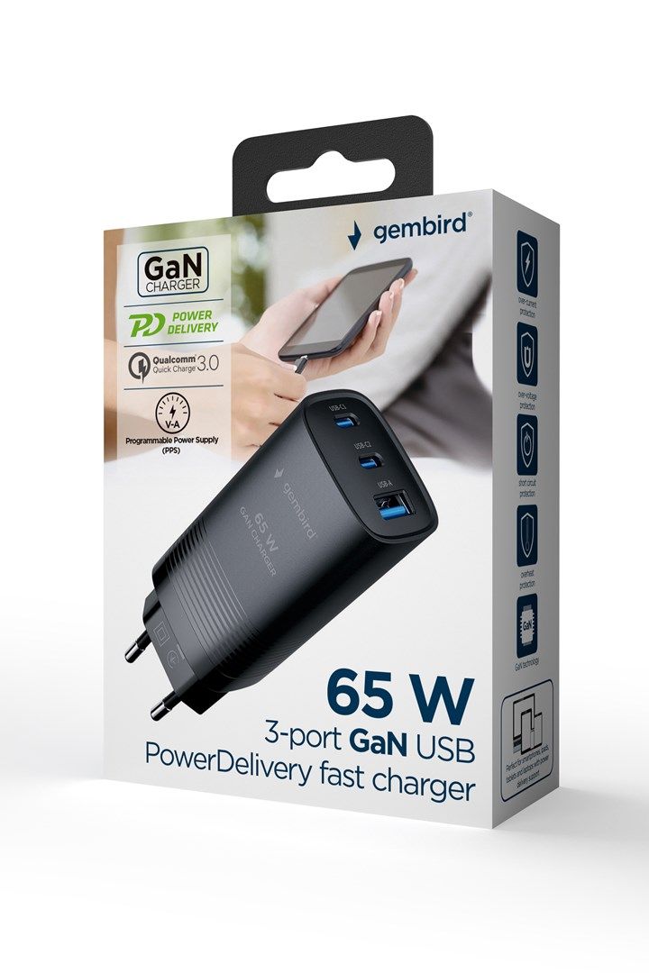 Gembird TA-UC-PDQC65-01-BK 3-port 65 W GaN USB PowerDelivery fast charger  black_5