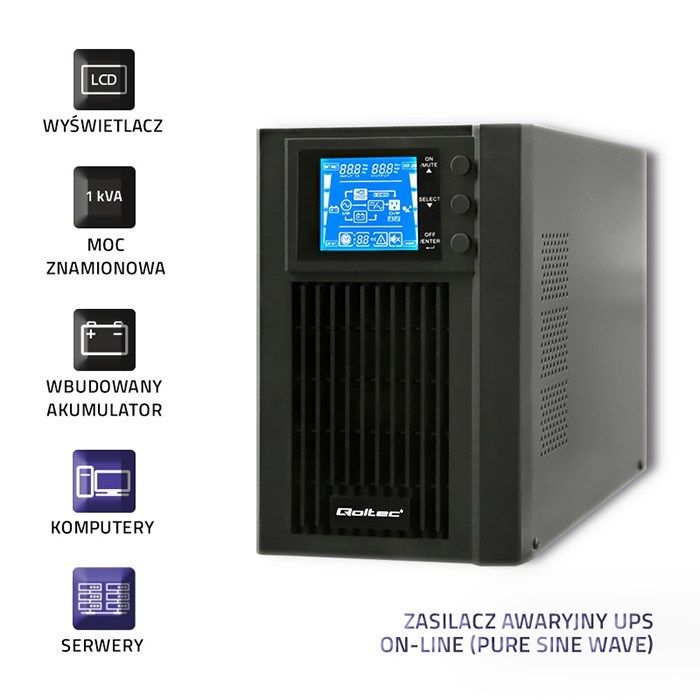 Qoltec 53042 Uninterruptible Power Supply | On-line | Pure Sine Wave | 1kVA | 800W | LCD_3