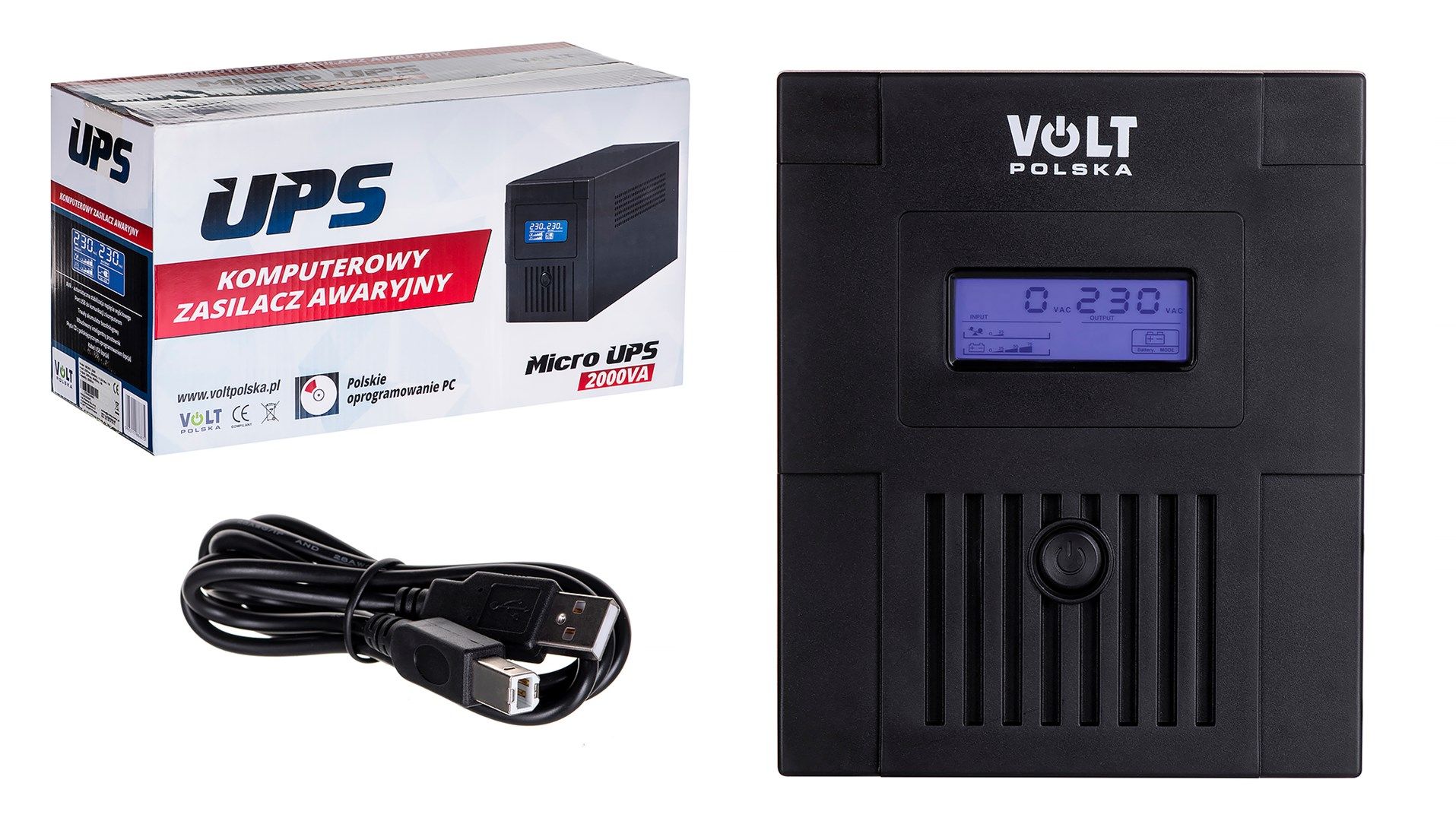 UPS Volt Polska 5UP2000029, 2000 VA, 1200 W, line-interactive, 3x Schuko, 1x RJ45, 1x USB, 9Ah Tower, Negru 