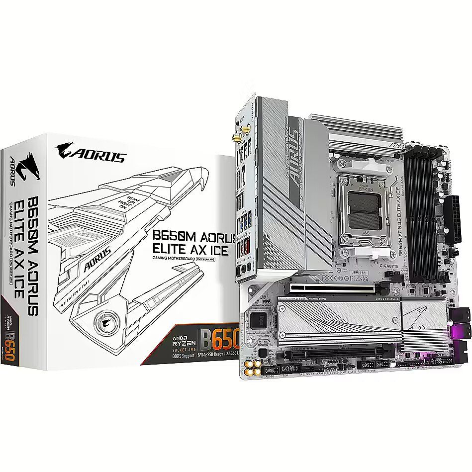 Gigabyte | B650M A ELITE AX ICE | Processor family AMD | Processor socket AM5 | DDR5 | Supported hard disk drive interfaces SATA  M.2 | Number of SATA connectors 4