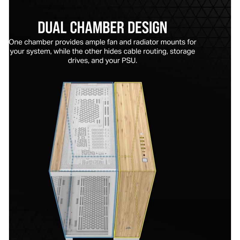 Carcasa CORSAIR 6500X Mid-Tower Dual Chamber E-ATX WHITE/BAMBOO WOOD Tempered Glass, Cooling Layout -fata: none, sus: 3x120mm sau 3x140mm, lateral: 3x120mm, jos: 3x120mm sau 3x140mm, spate: 1x120mm sau 1x140mm Compatibilitate Radiator -fata: none, sus: 360mm 280mm 240mm, lateral: 360mm 240mm, jos_4