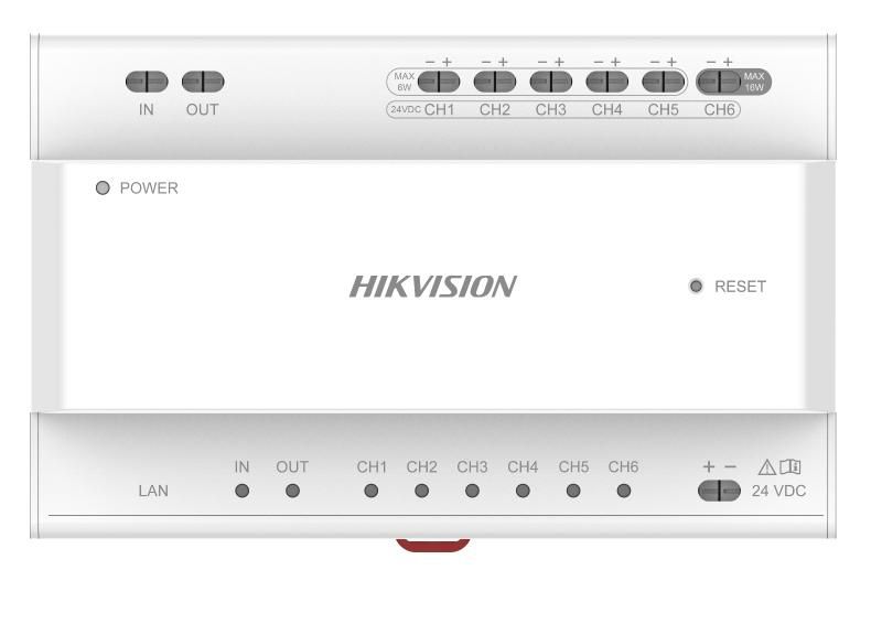 Two Wire Distributor 2-wire IP distributor 6-port 2-wire cascade interfaces without device power supply 2 cascade interfaces for DS-KAD704Y, DS-KAD706Y & DS-KAD706Y-S series 8 interface indicators, 1 RJ-45 Interface, 1 Reset button Din rail mounting, 24 VDC input power supply