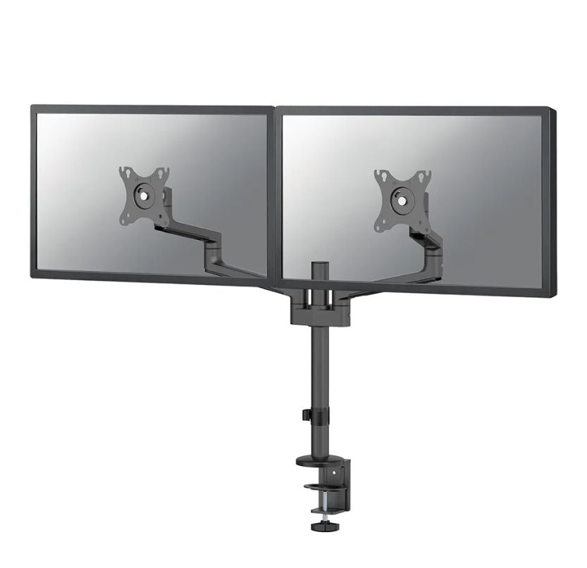Brat dublu monitor Neomounts DS60-425BL2 pentru display-uri cu diagonale 17 -27 , sistem de prindere VESA 75x75~100x100, greutate maxima suportata 8 - per ecrankg, tilt +90°, -30°, swivel +90°, -90°, rotate +360°, distanta fata de perete 128-460mm inaltime reglabila manual 295-607mm culoare