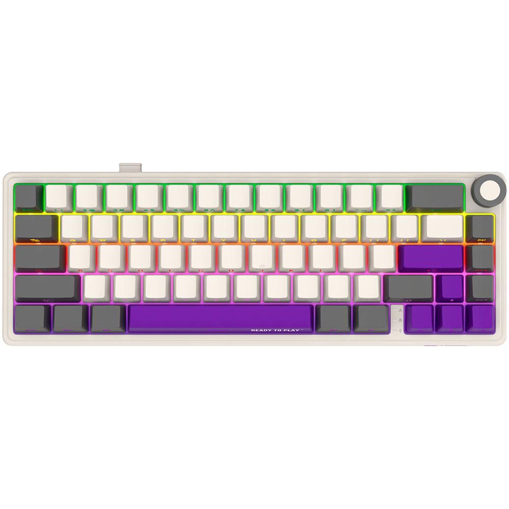 Wireless mechanical gaming keyboard Pro, 2.4 GHz, BT, RGB Backlight, 16 modes, 66 keys, 50M presses, linear Lorgar Toxic Purple switches, multimedia knob, built-in 3750 mAh battery, Hot Swap, Gasket mount, spring cable 2.3m, beige grey purple