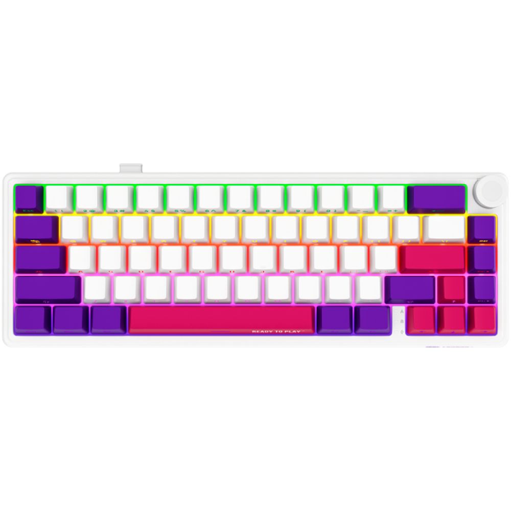 Wireless mechanical gaming keyboard Pro, 2.4 GHz, BT, RGB Backlight, 16 modes, 66 keys, 50M presses, linear Lorgar Toxic Purple switches, multimedia knob, built-in 3750 mAh battery, Hot Swap, Gasket mount, spring cable 2.3m, white red purple