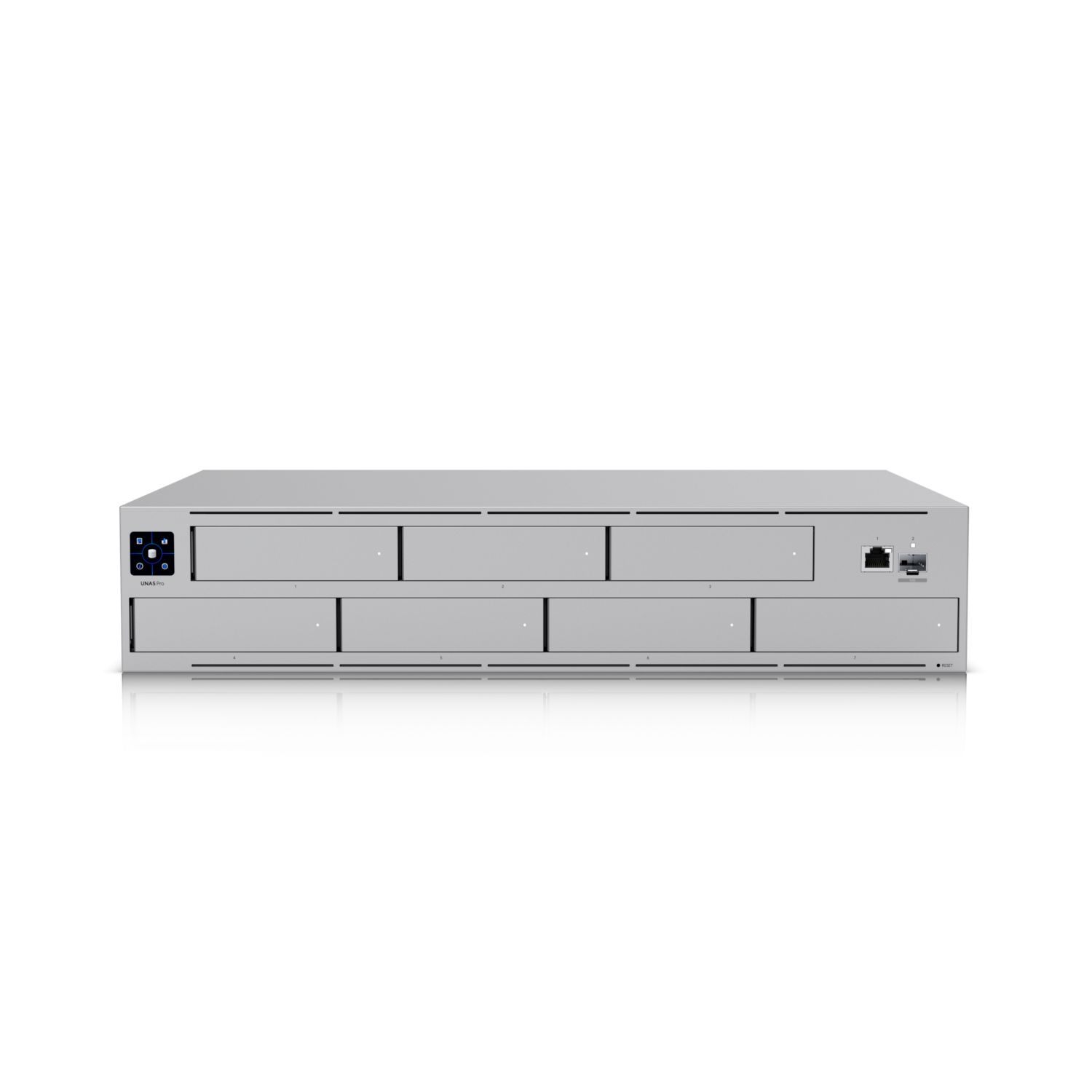 Ubiquiti UNAS-Pro-EU 2U rack-mount NAS with (7) 2.5/3.5  drive bays and 10 Gbps performance designed for large-scale file storage and sharing, (7) 2.5/3.5  HDD / SSD support, 10G SFP+ uplink and (1) GbE RJ45 port