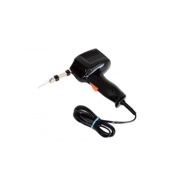 Soldering gun for tin, fludor, power 100W
- it is powered at 230V AC
- the set also contains 5 spare tips
Packaging: blister 1 pc

Destination:

The transformer soldering gun is designed for soldering small components. It is especially recommended for soldering connections in electrotechnics, where the soldered components will not be damaged by the resistance heat of the soldering loop. It is a compact device, in accordance with the regulations valid during its manufacture and approved for operation by the national verification center. The transformer with nickel terminals of the secondary is deposited in the plastic case. The soldering loop is fixed on their ends with the help of M3 screws. Operation is controlled using the microswitch button. In the case, under the terminals of the secondary, is the LED diode. The connection to the electrical voltage network is made with the help of a flexible cable of 1.8 m. The use: Before putting into operation, the handle must be adjusted in the right working position. During this action, the soldering gun must be disconnected from the electrical network. After adjusting the loop and inserting it into the socket (with the established voltage of 230 V and appropriate protection), the device is ready for use. By pressing the button of the soldering gun, it is put into operation. At the same time, the LED diode lights up as an indicator of operation and which at the same time illuminates the glued area. The sticking time - button contact is 10 seconds, the rest period until the next start is 30 seconds. This cycle must be respected in order not to overload the transformer. Before the first gluing, it is recommended to dip the hot handle in rosin. When using the tubular tin (max. &ampOslash &ampplusmn3 mm) dipping is not necessary, being filled with rosin.

Spare parts:

Soldering loops can be purchased in stores with electrical installation materials.

Warning:

Use the soldering gun only at the voltage mentioned on the label and in the instructions. Before the first start-up, check the condition of the power cable, so that it is not damaged. This check must be repeated before every other use, or in case of suspicion of damage due to incorrect handling. Use the device only where there is no risk of damage to the soldered components from the heat of the soldering iron. For all actions - replacing the handle, checking the power cable, etc. the soldering gun must be without voltage, the plug removed from the socket.

Liquidation:

Liquidate the product according to the valid regulations and orders, i.e. hand over the packaging and electrical devices to the places designated for this purpose. All repairs and interventions on the electrical components of the soldering gun can only be carried out by the specialized workshop with appropriate qualifications, or by the manufacturer. This appliance can be used by children aged 8 years and older and the elderly or with reduced physical, mental and sensory capabilities or with insufficient experience and knowledge, only if they are supervised or have been instructed in the safe use of the appliance. the consumer and understand possible dangers. It is forbidden for children to play with this consumer. Cleaning and maintenance by the user cannot be performed by children without supervision.