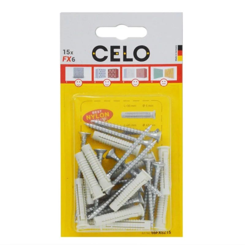 Blister Plug with PZ chipboard screw FX 8 SPS

The ideal plug with high loads in almost all building materials

The popular nylon plug FX blister with screw is one of the most versatile nylon plug that achieves very high load values in various building materials due to its 4-side expansion. The FX plug features anti-rotation lugs which prevent rotation in the drill hole, transferring the force optimally into the base material. In addition and for further installation comfort it has a collar that prevents the plug from slipping into the drill hole.


Key features:


	4-side expansion for high pull out load
	Compatible with different types of screws such as wood screws, chipboard screws, self-tapping screws, etc.
	Efficient anti-rotation lugs prevents rotation in the drill hole
	Plug collar prevents slipping into the drill hole
	High quality and ageing resistant nylon
	Temperature resistant from -40&ampdegC to +80&ampdegC



The popular nylon plug FX 8 with screw in blister of CELO is the most versatile 4-side expansion nylon plug that achieves very high load values in various building materials due to its 4-side expansion. The FX plug features anti-rotation lugs which prevent rotation in the drilling hole transferring the force optimally into the base material. In addition and for further installation comfort it has a collar that prevents the plug to slip into the drill hole.

The FX plug is made of high quality ageing resistant nylon that can be used with different types of screws such as wood screws, chipboard screws or self-tapping screws guaranteeing a secure and solid fixing. With a temperature resistant covering ranges from -40&ampdegC to +80&ampdegC, the plug FX is suitable for a wide range of applications, from lighting and sanitary installations to masonry.

The blister packaging is perfectly suited for the DIY sector.

&ampnbsp