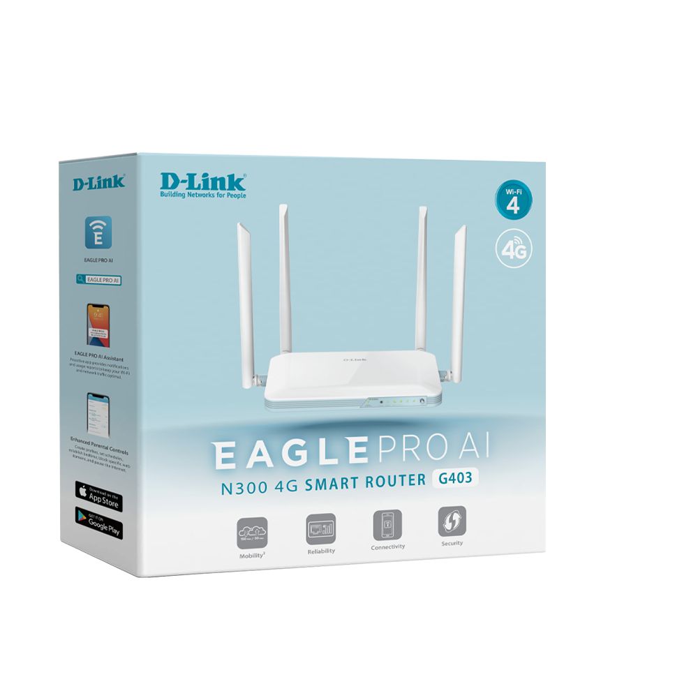 D-Link G403 EAGLE PRO AI N300 4G SMART Wi-Fi Router, Single Band, Wireless Speed: 300Mbps 2.4GHz, 1x  Fast Ethernet WAN 4x Fast Ethernet LAN, 4 fixed omni-directional antennas, AI Assistant, AI Parental Control, AI Wi-Fi Optimiser