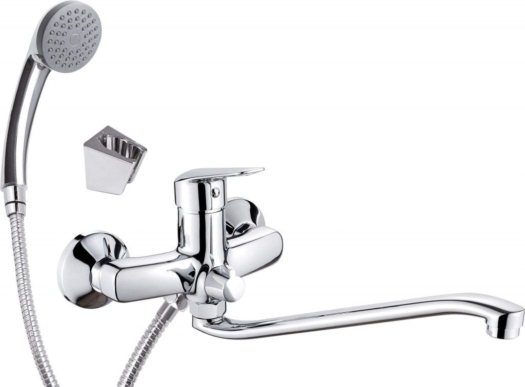 Wall-mounted washbasin mixer with extended spout - hose and shower set connection