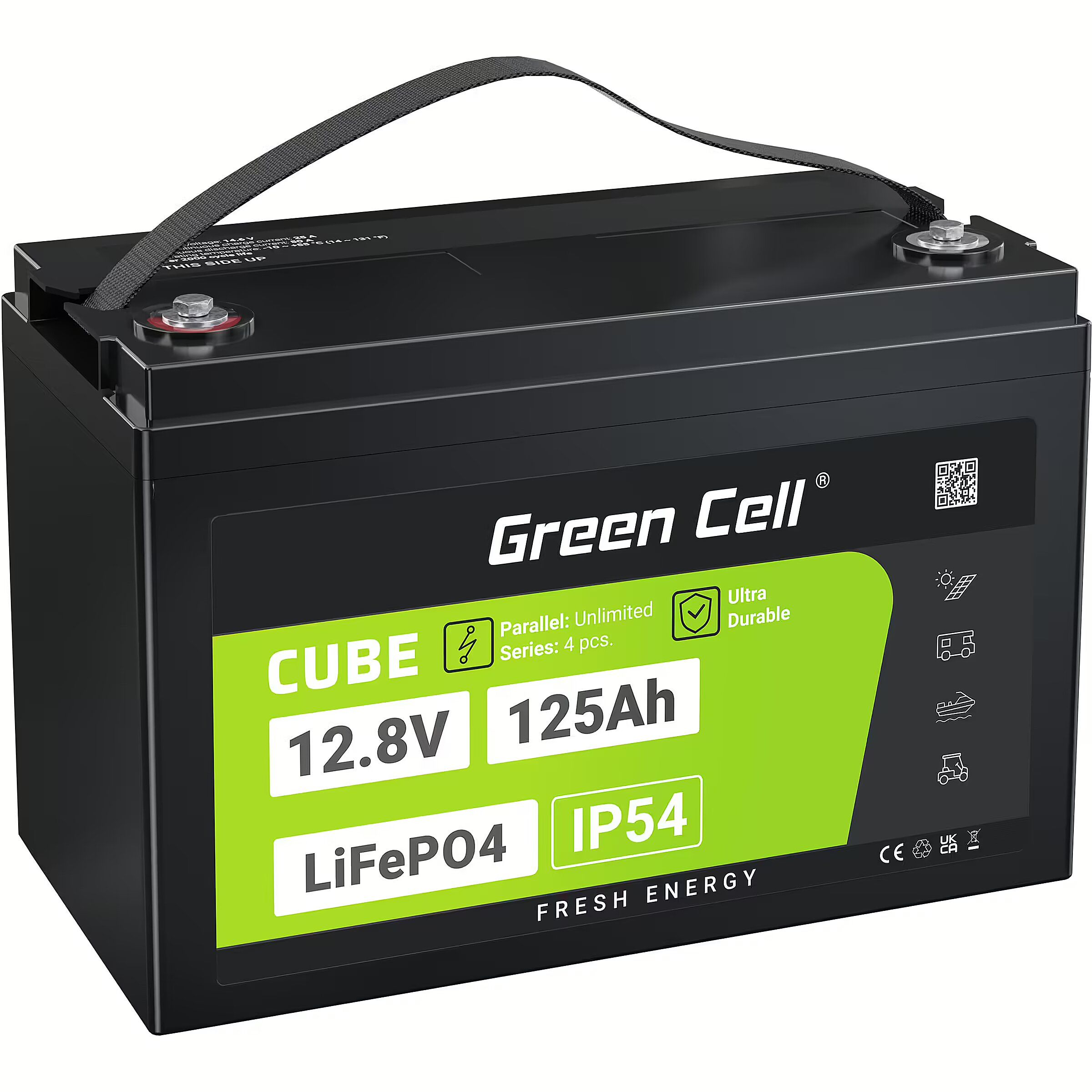Green Cell Žalias Cell CUBE LiFePO4 125Ah 12 8V 1600Wh liio geležies fosfato baterija kemperiui  sauls energijai  neprijungtai prie tinklo  laivui Lithium Iron Phosphate (LiFePO4) 12.8 V