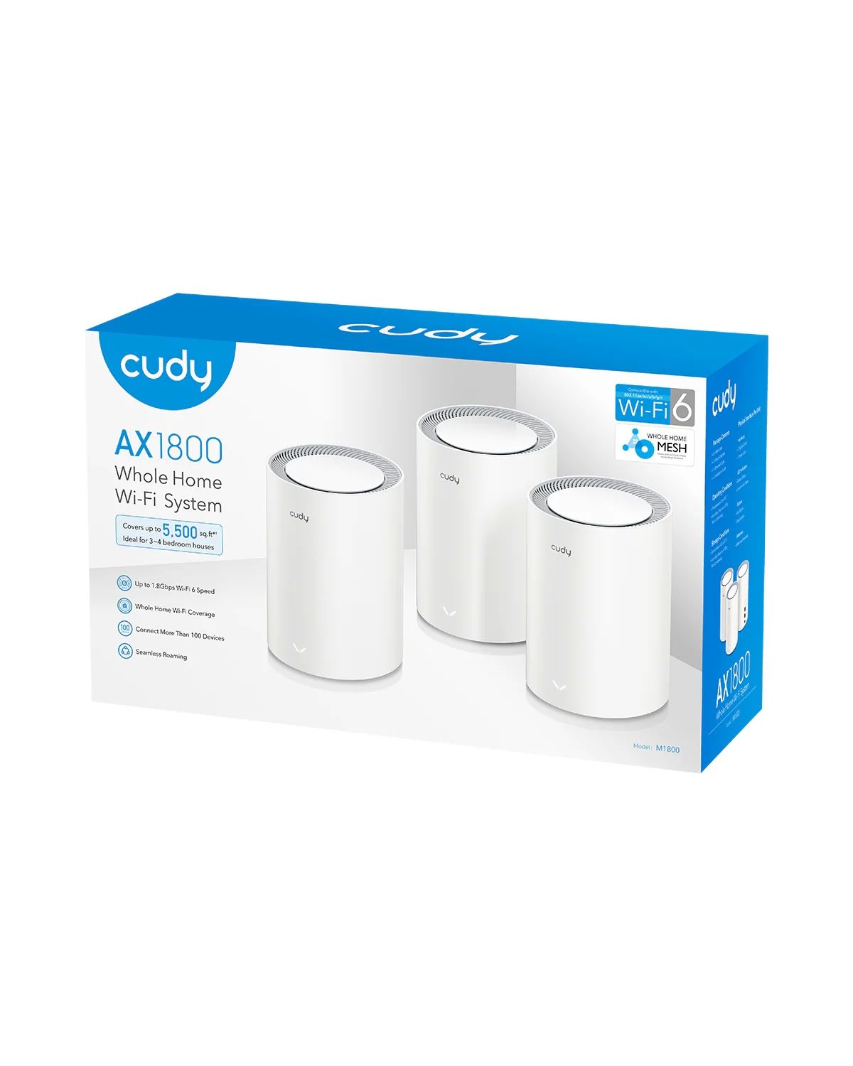 Cudy M1800 3-pack Bandă dublă (2.4 GHz/ 5 GHz) Wi-Fi 6 (802.11ax) Alb 1 Intern