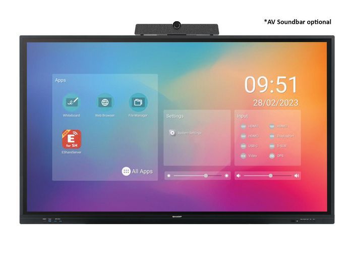 Display interactiv Sharp 65  din seria LC, UHD, 450 cd/m2, rezistent 16/7, infraroșu, 20 puncte tactile, slot OPS, procesor Android SoC, USB-C, ieșire HDMI