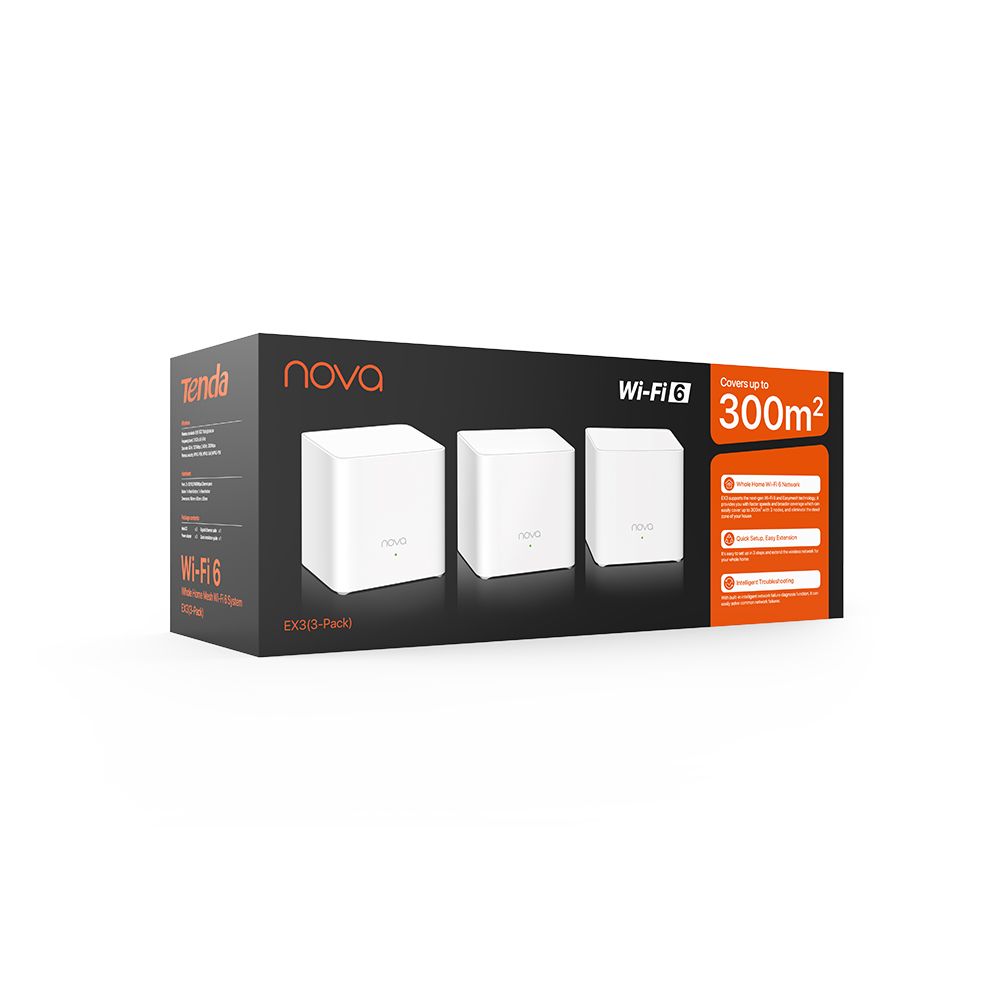 MESH Tenda, wireless, router AX1500, pt interior, 1500 Mbps, port LAN, WAN, 2.4 GHz | 5 GHz, antena interna x 2, standard 802.11ax, Wi-Fi 6  EX3(3-pack)  (include TV 2 lei)