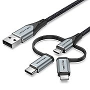 Vention USB 2.0 A Male to 3-in-1 Micro-B&USB-C&Lightning Male Cable 1M Gray Aluminum Alloy Type