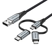 Vention USB 2.0 A Male to 3-in-1 Micro-B&USB-C&Lightning Male Cable 1M Gray Aluminum Alloy Type