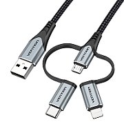 Vention USB 2.0 A Male to 3-in-1 Micro-B&USB-C&Lightning Male Cable 1M Gray Aluminum Alloy Type