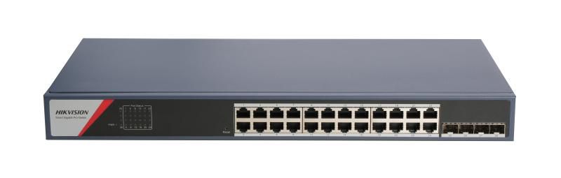 Switch 24 porturi Gigabit Hikvision DS-3E1528-SI-24T4F, 24 x gigabit RJ45 ports, 4 x gigabit fiber optical port, Support DHCP snooping, Support 802.1Q VLAN, Support ACL List, Support STP/ERPS loop prevention, storm control, Support ARP Anti-Spoofing, Support SNMP, QoS, 6 kV Surge Protection