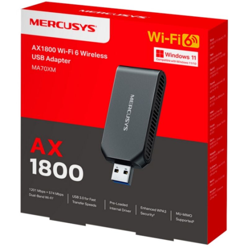 AX1800 Wi-Fi 6 USB Adapter SPEED: 574 Mbps at 2.4 GHz + 1201 Mbps at 5 GHz SPEC: Internal Antenna, USB 3.0 FEATURE: MU-MIMO, OFDMA, Beamforming, WPA3