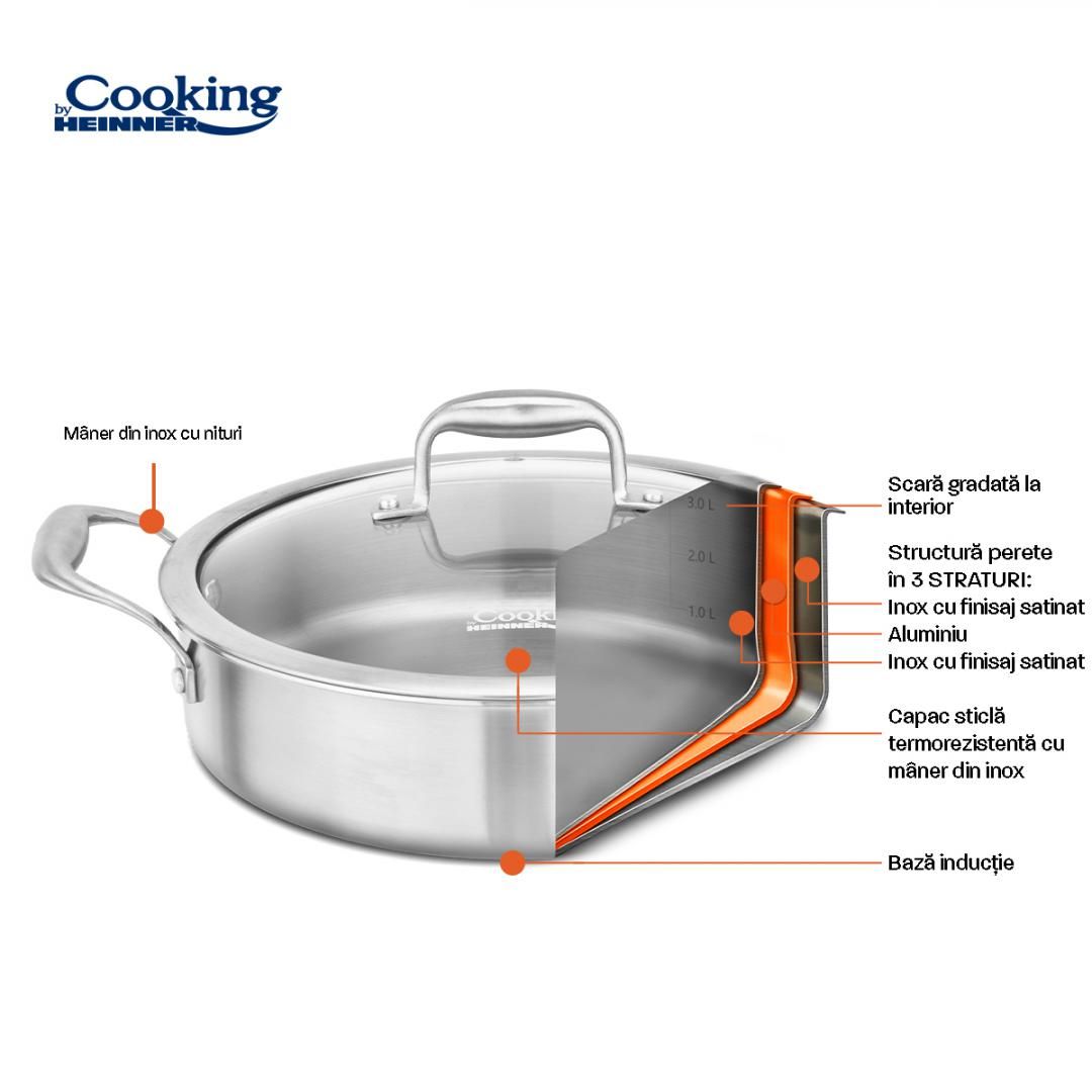 CRATITA INOX+CAPAC STICLA 26X7CM, 3.5L, ATOMIC3, COOKING BY HEINNER