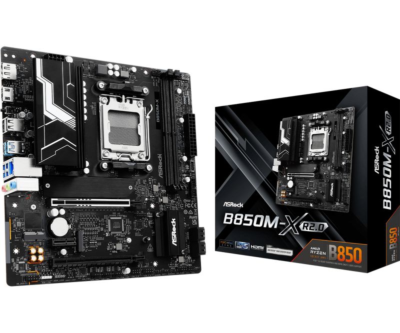 Asrock B850M-X R2.0. Processor manufacturer: AMD, Processor socket: Socket AM5, Compatible processor series: AMD Ryzen 7000 Series, AMD Ryzen 8000 Series, AMD Ryzen 9000 Series. Supported memory types: DDR5-SDRAM, Maximum internal memory: 128 GB, Memory slots type: DIMM. Supported storage drive