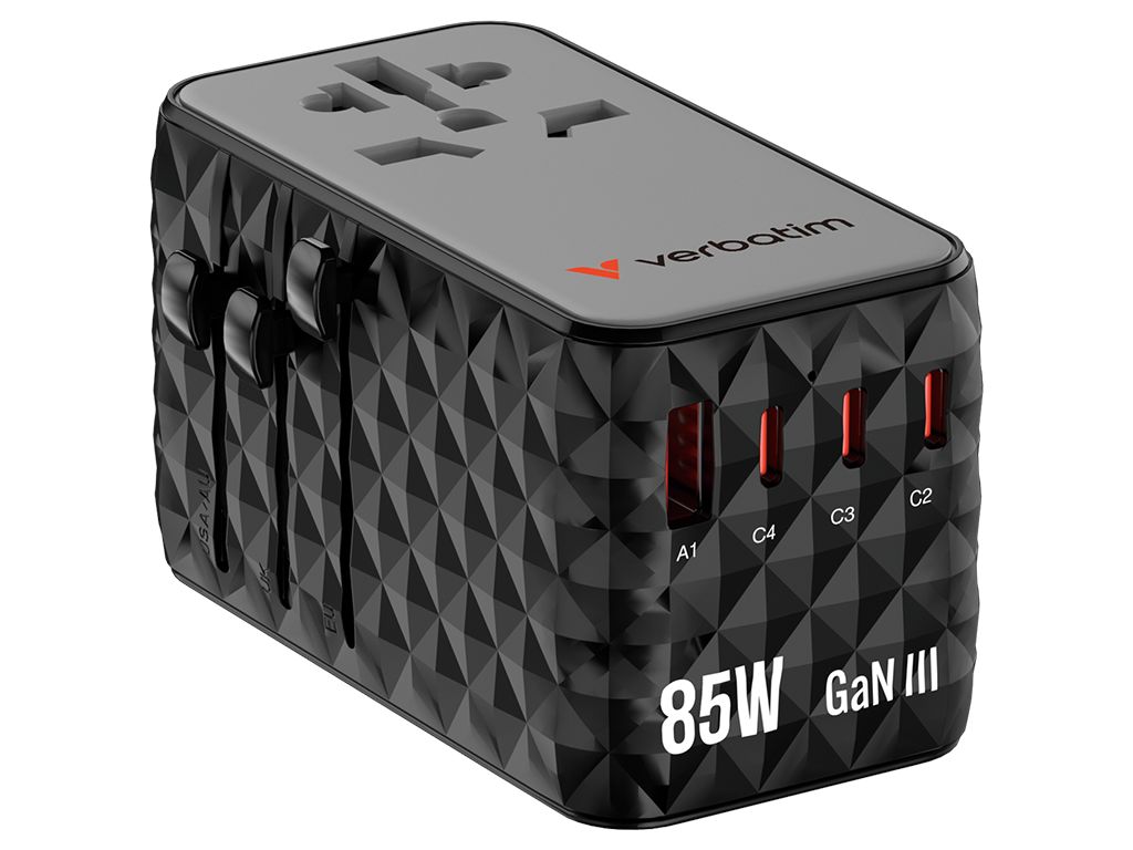 Adaptor universal Verbatim GaN III, Travel, 85WGaN3, 4xUSB-C PD & QC 4+ & 1 x USB-A QC ports