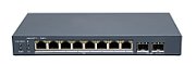 Switch PoE Hikvision DS-3E1510P-EI/M-8P2F: 8 × Gigabit PoE port,2 × Gigabit Fiber Optical port, 8 porturi PoE maxim 30W, buget PoE 80W, tensiune alimentare 54VDC, 1.6A, dimensiuni: 217.6 mm × 27.6 mm × 108.5 mm, greutate: 1.08kg, montare pe birou sau pe perete.