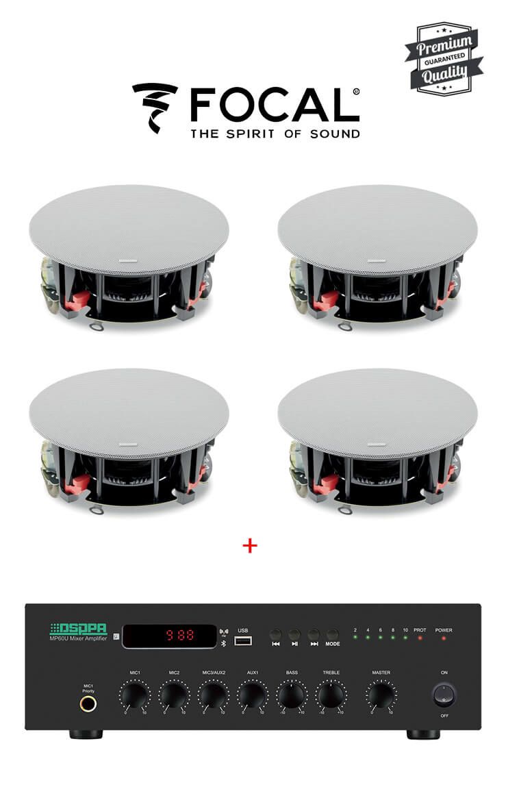 Sistem Sonorizare Premium 60W cu 4 boxe tavan FOCAL ICW 5-T si DSPPA MP60UB , Bluetooth, 100V