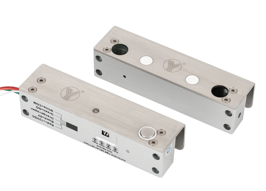 Bolt electric dublu cu actiune electromagnetica, monitorizare, temporizare si LED de stare: Tensiune de alimentare: 12 Vcc Curent absorbit: 360 mA -in repaus / 2000 mA - la declansare Forta de retinere: 9806 N (1000 kgf) Temporizare: 0/3/6/9 secunde Senzor usa: NO/COM Distanta maxima de