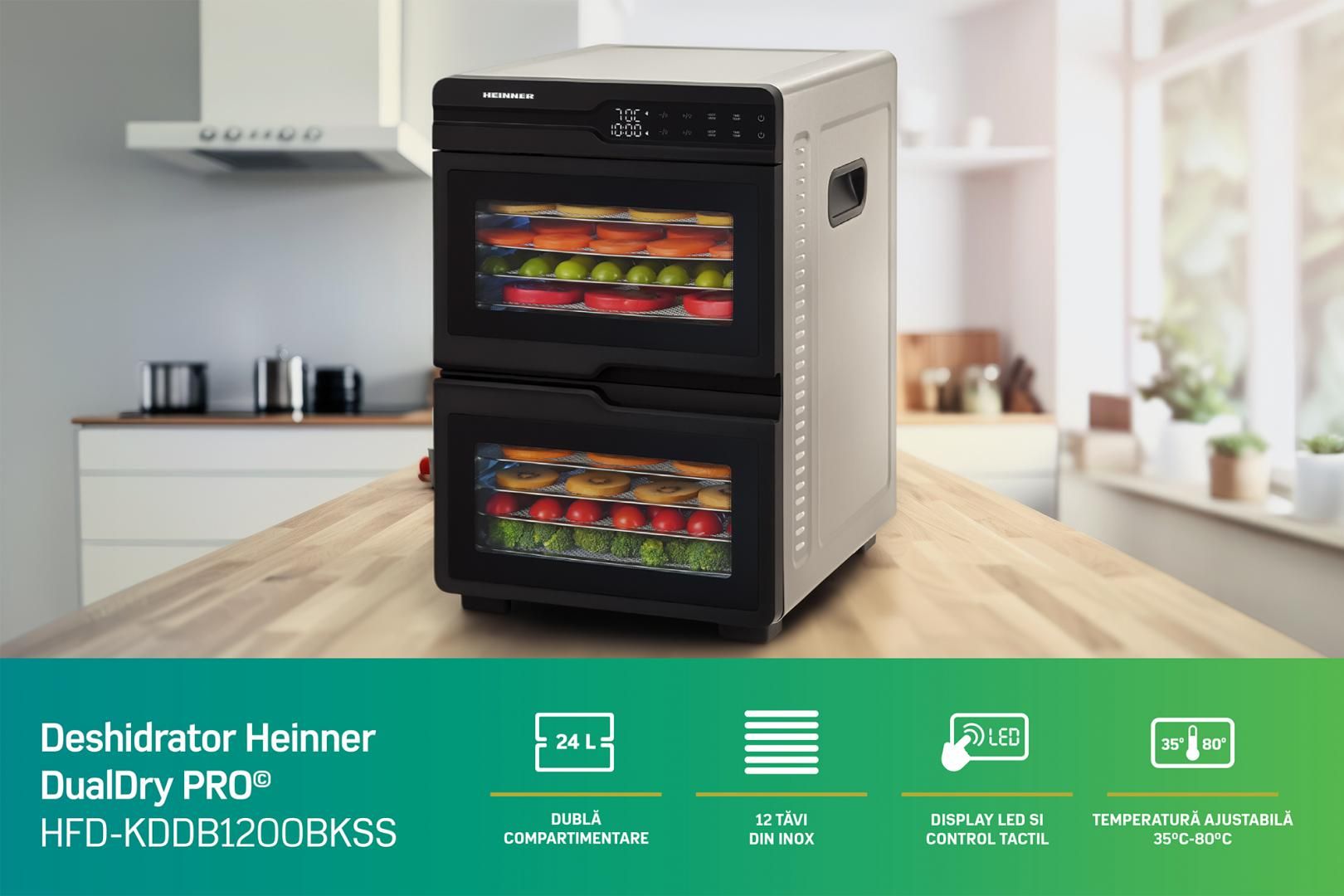 FOOD DEHYDRATOR HEINNER DUALDRY PRO HFD-KDDB1200BKSS, 1000-1200W, LED DISPLAY, DUAL STORAGE WITH AIRFLOW SYSTEM (FAN INSIDE EACH COMPARTMENT), 12 STAINLESS STEEL TRAYS, 2 FRUIT ROLL TRAYS, 2 MESH SHEETS, TEMPERATURE: 35-80 ℃, TIMER: 30 MIN - 48H, SEE-THROUGH WINDOWS, STAINLESS STEEL BODY
