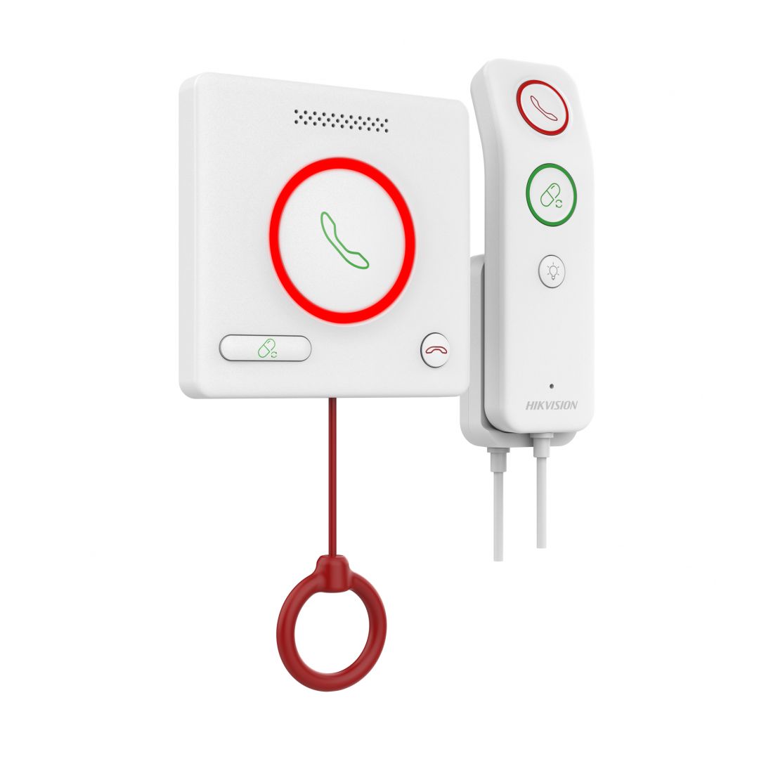 BUTON DE APELARE MEDICALA cu telecomanda Hikvision DS-KHH6020X-H  1x RJ45 port, alimentare: DC12V/private POE, protectie: IPX5 Intercomunicare bidirecțională și alarme inteligente: – Comunicarea vocală clară între pacienți și personalul medical (statia de management a personalului medical) este