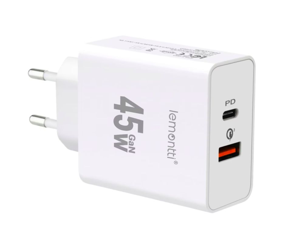 Lemontti Incarcator Retea GaN Fast Charge 45W 1 x PD Type-C + 1 x USB-A Quick Charge 3.0 Alb