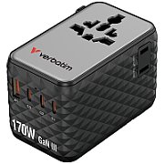 Adaptor Verbatim GaN,170W, cablu retractabil,negruUSB-C PD 3.1 QC4+up to 140W/USB-A QC 3.0 up to 18W