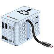 Adaptor Verbatim GaN,100W,cablu retractab,bleuUSB-C PD 3.0 QC4+up to 100W/USB-A up to 12W