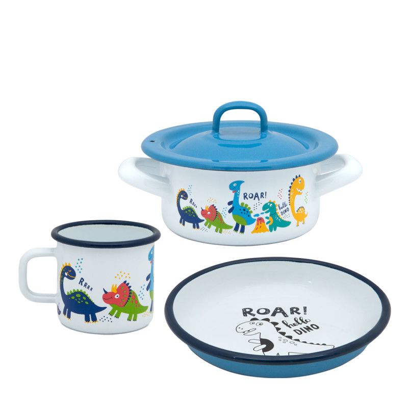 Set 3 piese 1.5l Dino Metalac email/Cana 8cm/Caserola capac14cm/Farfurie 18cm